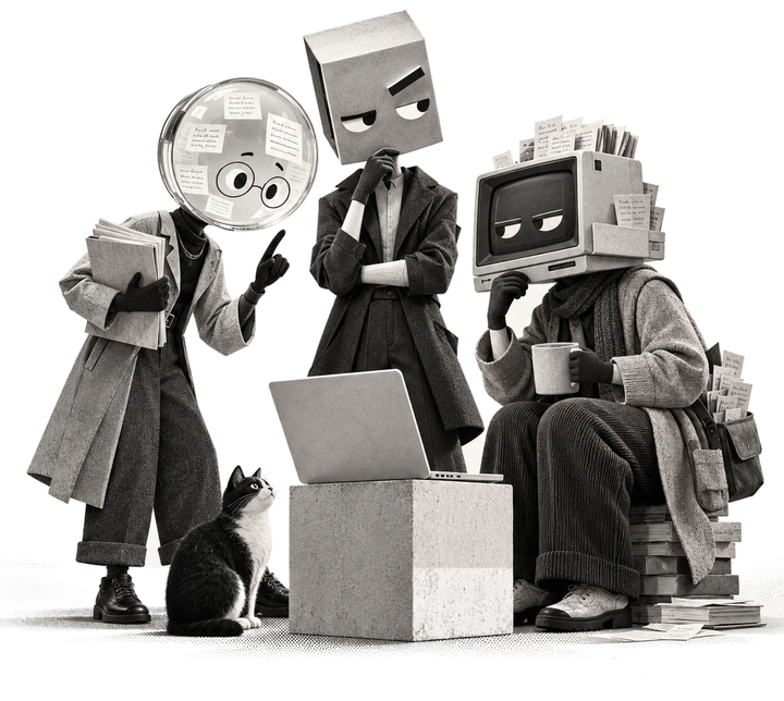 Iris, Bracket, Cache and Null, the town's cast